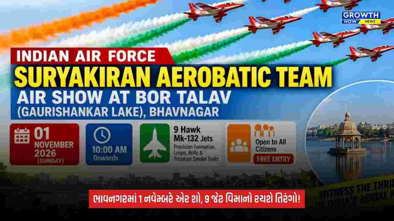 Bhavnagarના બોર તળાવ પર 1 નવેમ્બરે ભારતીય વાયુસેનાનો ભવ્ય એર શો, સૂર્યકિરણ ટીમનાં 9 જેટ વિમાનો આકાશમાં રચશે તિરંગા