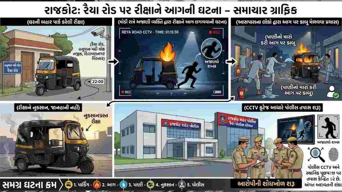 રાજકોટમાં મોડી રાત્રે રીક્ષા સળગાવવાની ઘટના, CCTVમાં કેદ; પોલીસ તપાસ શરૂ