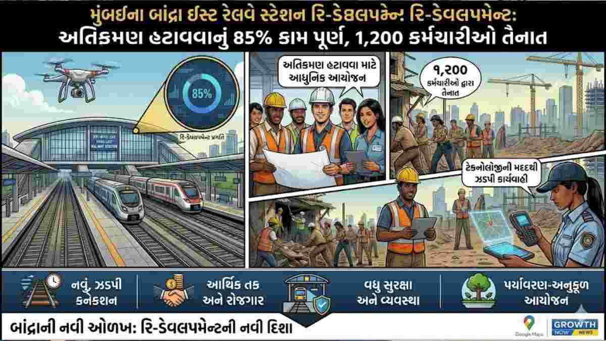 મુંબઈના બાંદ્રા ઈસ્ટ રેલવે સ્ટેશન રિ-ડેવલપમેન્ટ: અતિક્રમણ હટાવવાનું 85% કામ પૂર્ણ, 1,200 કર્મચારીઓ તૈનાત