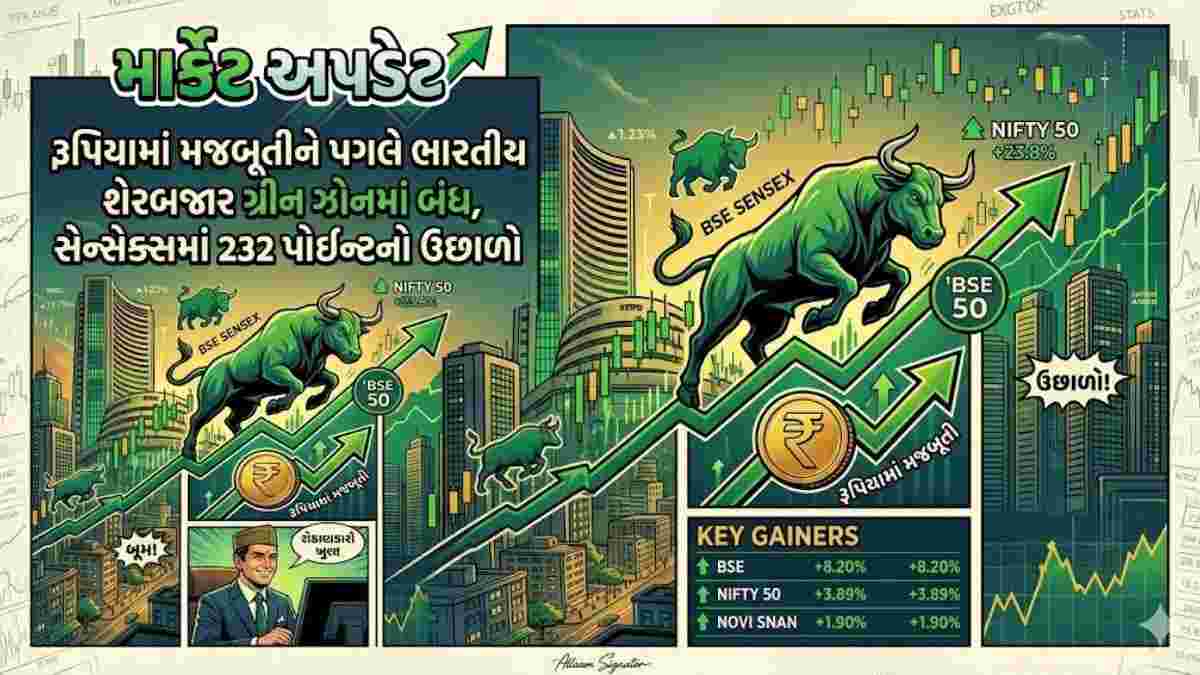 રૂપિયામાં મજબૂતીને પગલે ભારતીય શેરબજાર ગ્રીન ઝોનમાં બંધ, સેન્સેક્સમાં 232 પોઈન્ટનો ઉછાળો