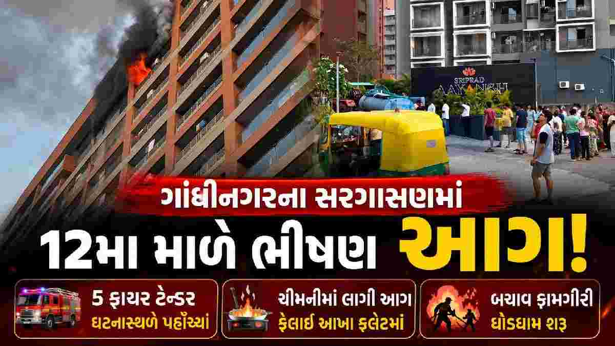 ગાંધીનગરના સરગાસણમાં 12મા માળે ભીષણ આગ, 5 ફાયર બ્રિગેડની ગાડી ઘટનાસ્થળે