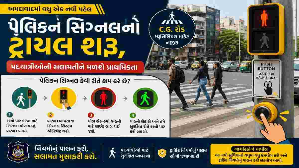 અમદાવાદના CG રોડ પર પેલિકન સિગ્નલનો ટ્રાયલ શરૂ, પદયાત્રીઓની સલામતીને મળશે પ્રાથમિકતા