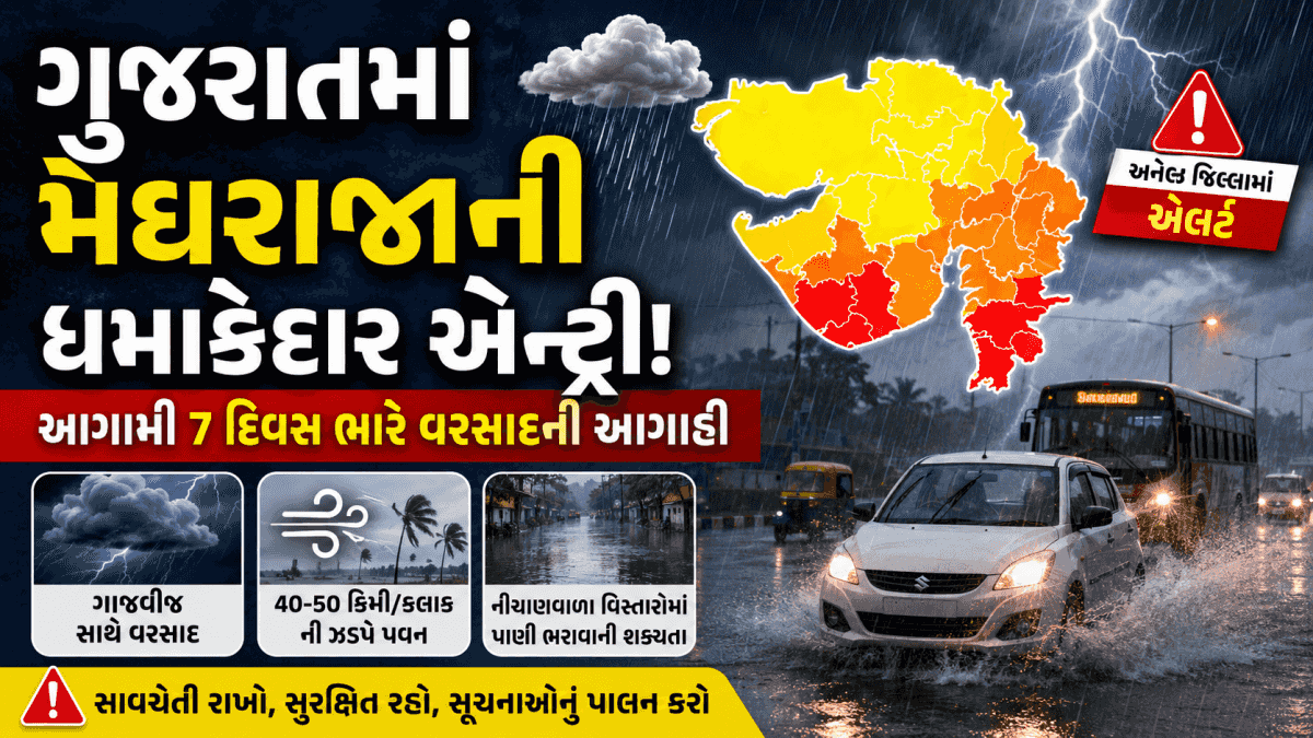 ગુજરાતમાં મેઘરાજાની ધમાકેદાર એન્ટ્રી: આગામી 7 દિવસ ભારે વરસાદની આગાહી, અનેક જિલ્લાઓમાં એલર્ટ