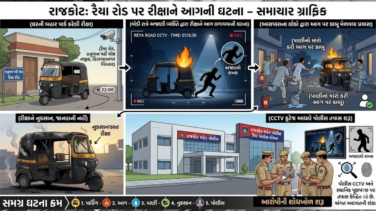 રાજકોટમાં મોડી રાત્રે રીક્ષા સળગાવવાની ઘટના, CCTVમાં કેદ; પોલીસ તપાસ શરૂ
