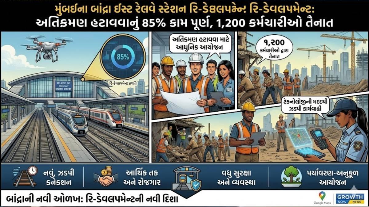 મુંબઈના બાંદ્રા ઈસ્ટ રેલવે સ્ટેશન રિ-ડેવલપમેન્ટ: અતિક્રમણ હટાવવાનું 85% કામ પૂર્ણ, 1,200 કર્મચારીઓ તૈનાત