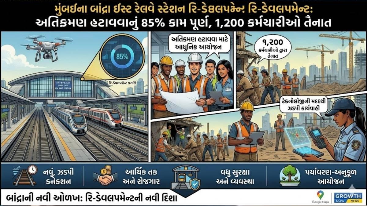 મુંબઈના બાંદ્રા ઈસ્ટ રેલવે સ્ટેશન રિ-ડેવલપમેન્ટ: અતિક્રમણ હટાવવાનું 85% કામ પૂર્ણ, 1,200 કર્મચારીઓ તૈનાત