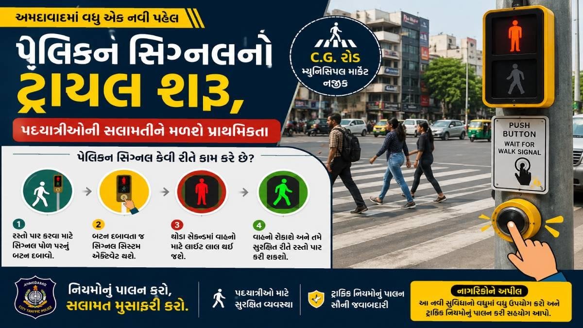 અમદાવાદના CG રોડ પર પેલિકન સિગ્નલનો ટ્રાયલ શરૂ, પદયાત્રીઓની સલામતીને મળશે પ્રાથમિકતા