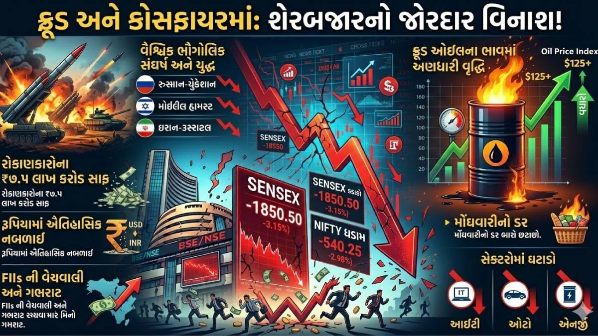 વૈશ્વિક તણાવ અને કાચા તેલના ભાવ વધારા વચ્ચે શેરબજારમાં ભારે ઘટાડો
