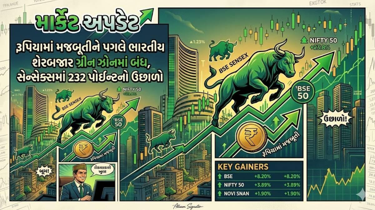 રૂપિયામાં મજબૂતીને પગલે ભારતીય શેરબજાર ગ્રીન ઝોનમાં બંધ, સેન્સેક્સમાં 232 પોઈન્ટનો ઉછાળો