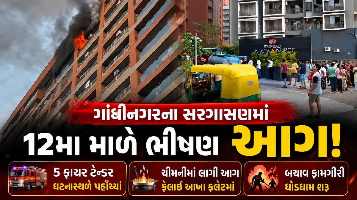 ગાંધીનગરના સરગાસણમાં 12મા માળે ભીષણ આગ, 5 ફાયર બ્રિગેડની ગાડી ઘટનાસ્થળે